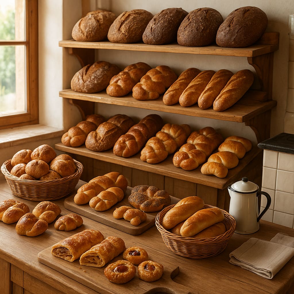 Helle Bäckereitheke mit frischem Brot und Gebäck