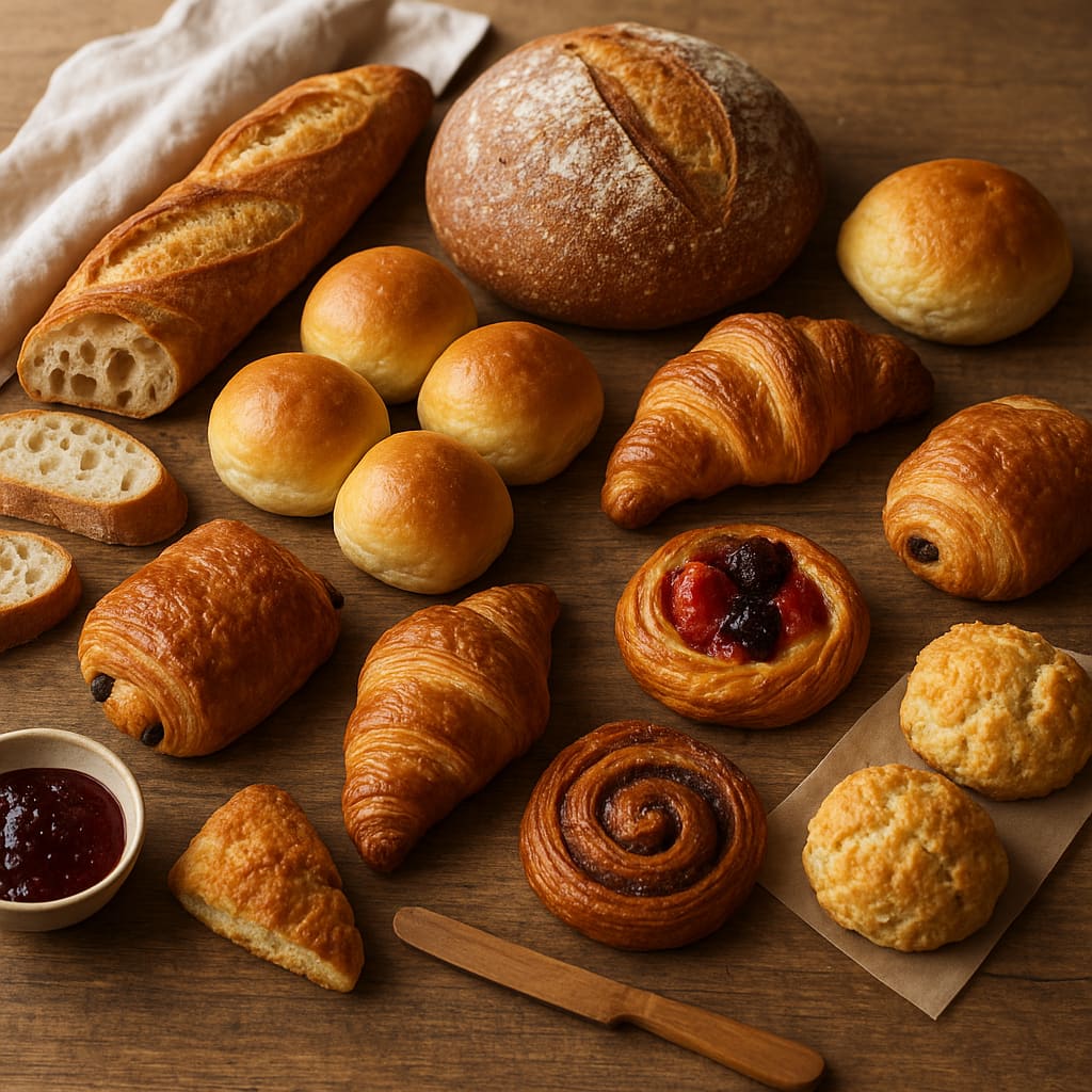 Sortiment aus Brot, Semmeln und Gebäck auf Holzfläche